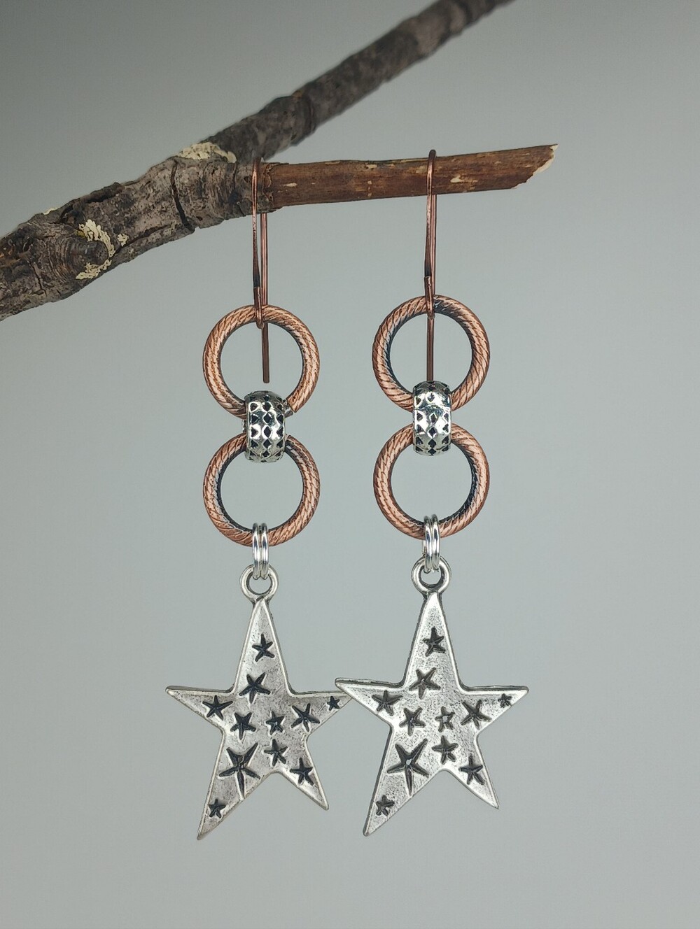 Star Earrings Silver Copper Rustic Americana Artisan Hand Crafted - Picture 2 of 5